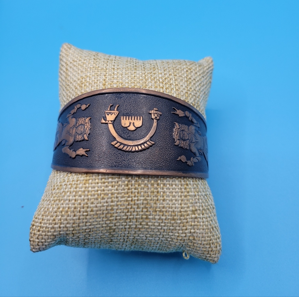 Vintage Copper Cuff Bracelet with Buffalo Dancer and Rainbow Yei Design 6.5